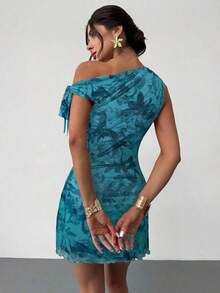 mini de vacaciones elegante y sexy con hombro asimétrico y floral nuevo para mujer en verano, vestido floral de malla, vestido de cuello asimétrico, ropa de primavera/verano, atuendo de playa, elegante, sexy, vacaciones, playa, Hawái, cita - Agua verde azul - Ver 2