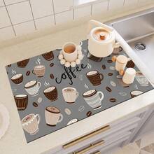 1pc Coffee Machine Mat, Dish Drying Mat, Gray-Brown Coffee Cup Pattern, Absorbent, Suitable For Dining Table And Cafe, Multipurpose Drainage Mat, Home Gift, Desktop Decor - XYLSD-347 - View 6