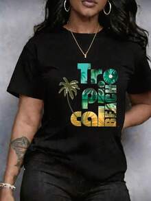 Camiseta para Mujer Estampado Integral de Letras Textura de Palmeras y Playa, de Cuello Redondo, manga corta, Urbano, Ropa de Cuello Redondo Casual, en Estilo Retro de moda urbana, para Uso Casual, uso diario citas o ropa casual, cómoda Ropa suave transpirable, Transpirable Lavable, cómoda y Transpirable - Negro - Ver 1
