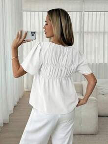 Camisa casual de mujer de unicolor, cuello redondo, manga corta y plisada - Blanco - Ver 2