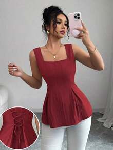 Camisa sin mangas con cuello cuadrado, cintura con lazo y rayas para el verano 2025 - Rojo - Ver 1