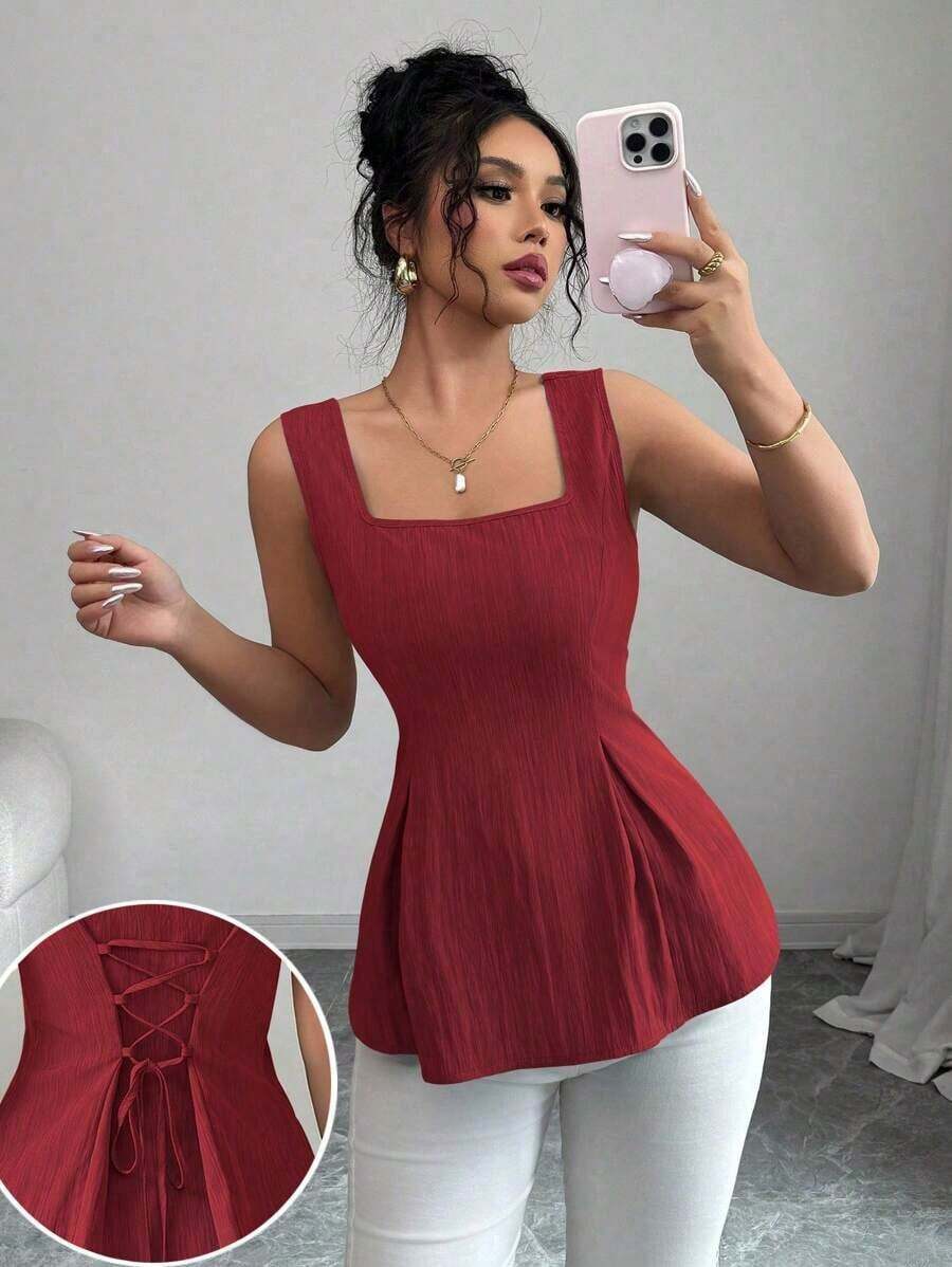 Camisa sin mangas con cuello cuadrado, cintura con lazo y rayas para el verano 2025 - Rojo - Ver 1