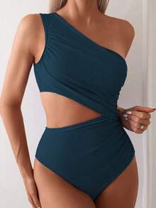 Swim 1 pieza Traje de baño de una pieza para mujer con diseño calado y fruncido en color liso - Azul - Ver 6