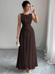 Vestido maxi casual, romántico, vintage y elegante de gasa para mujer con cordón en la cintura, para la playa, el té de la tarde, fiestas de noche, uso diario, sin mangas, de unicolor, vestido largo, primavera/verano - Marrón - Ver 3