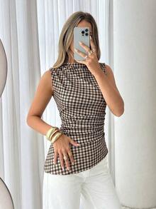 Camiseta ajustada con pliegues y estampado a cuadros para mujer, adecuada para uso diario, trabajo y viajes en verano - Multicolor - Ver 9