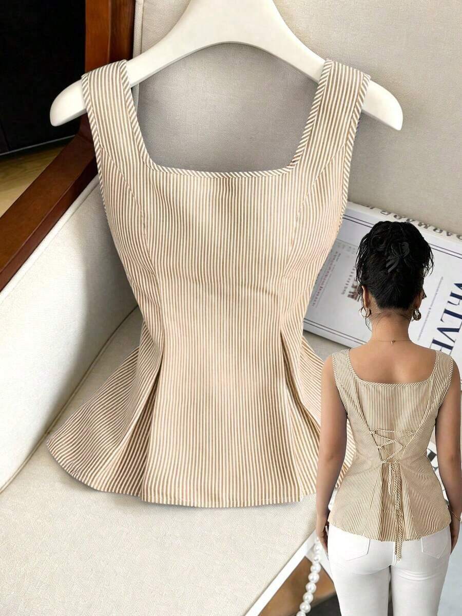 Camisa sin mangas elegante con cuello cuadrado, cintura atada y rayas para el verano 2025 - Marrón - Ver 1