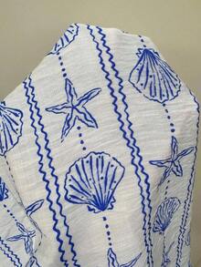 Unity Conjunto de 2 piezas de top bandeau vintage con estampado y amarre + pantalones de pierna ancha para vacaciones - Azul y blanco - Ver 3