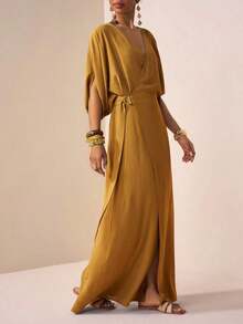 YHHZivah Vestido de lino maxi de manga corta con cuello en V, con cinturón en la cintura, decoración de metal, abertura, fluido, amarillo-verde, para uso en primavera/verano 2026, festivales de música, Pascua, Día de San Patricio, San Valentín, citas, estilo occidental, nómada, fiesta de cumpleaños, graduación, universidad, estudiante, uso diario, versátil básico, casual, vacaciones, crucero, playa, tomar el sol, viral, ropa urbana, invitado de boda bohemio, ir y venir, brunch, aeropuerto, fiesta, salida festiva, atuendo de oficinaYHH - Marrón 2 - Ver 11