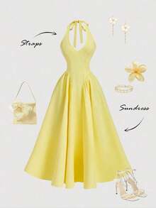 YHHSHEIN MOD Vestido largo con corbata de cuello de unicolor y estilo minimalista para mujer, uso casual diarioYHH - Albaricoque - Ver 11