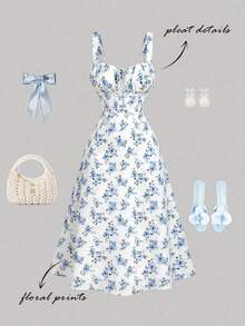 MOD Vestido de tirantes con estampado floral con cordón delantero - Verde pastel - Ver 6