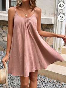 Vestido de verano de algodón de unicolor con tirantes finos tipo musculosa, estilo vacacional para mujer - Rosa Pálido - Ver 2