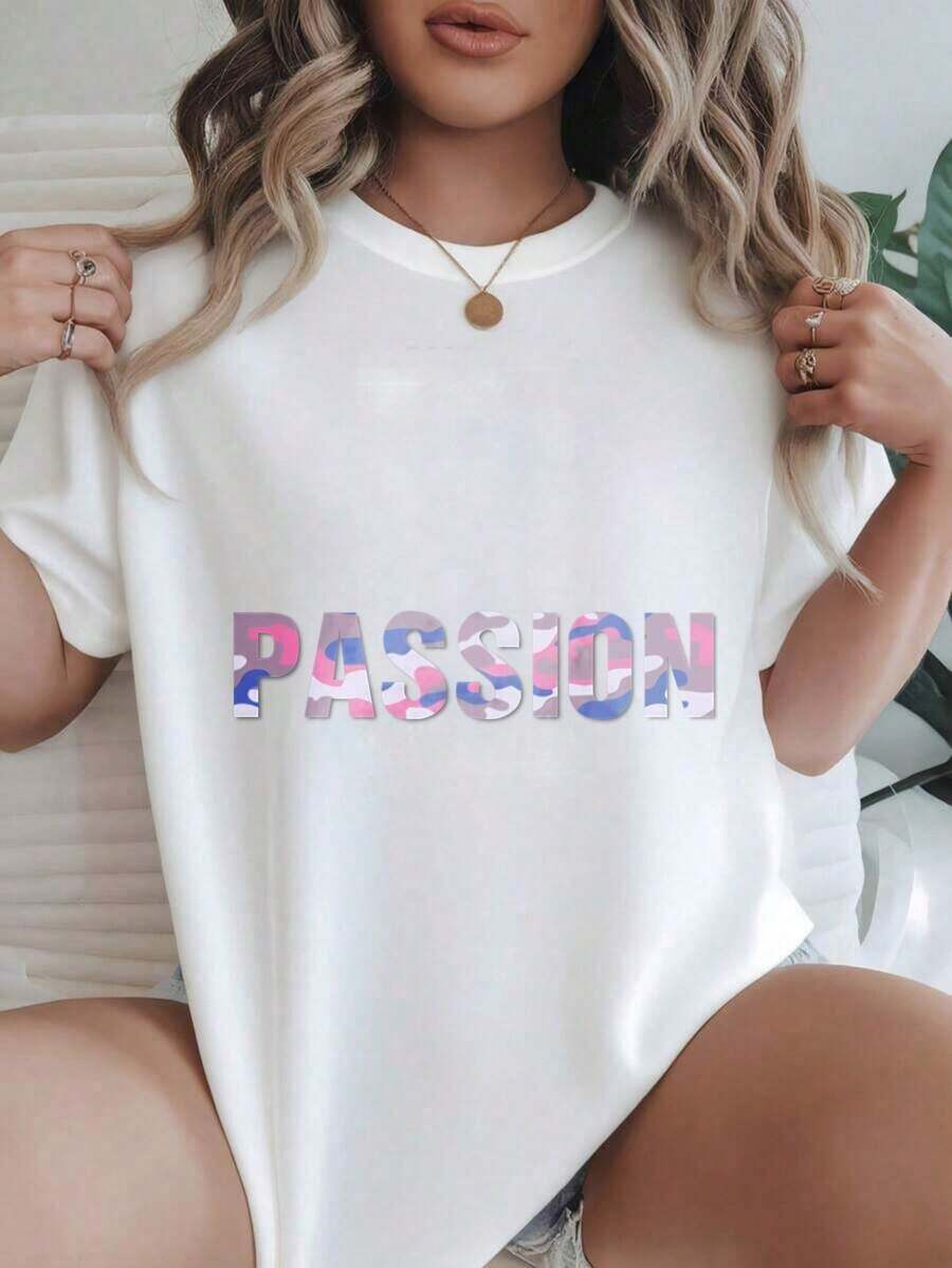 Women's Casual Short-Sleeve T-Shirt - Colorful Abstract Design With "Passion" Print, Round Neck, Summer Top, Machine Washable, Ladies' T-Shirts, Casual Wear, Modern Style, Comfortable Fit
-White - 白色 - 查看 1