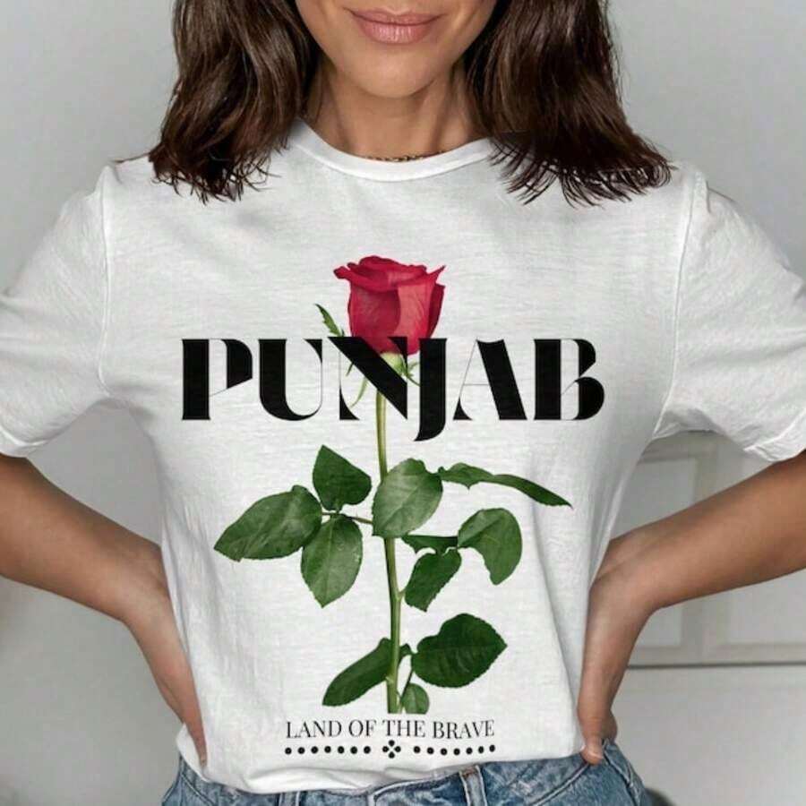 Unique Red Rose Punjabi T-Shirt, Cool Desi Clothing For Bold People, Unisex Punjabi Merchandise, Punjabi Clothing For Desi Style, Pure Cotton Unisex T-Shirt - 白色 - 查看 1