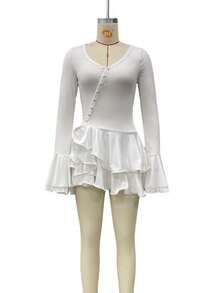 Women's International Autumn Long Sleeve Bell Sleeve Dress With Simple Buttons, Fitted With Ruffles, Elegant - 白色 - 查看 4