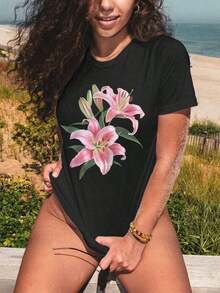 Summer T-Shirt With Lily Graphic Print, Short Sleeve, Round Neck, Casual Top For Women For Summer And Spring, Women's Clothing, Short Sleeve Cotton Casual T-Shirt For Summer Vacation - 黑色 - 查看 6