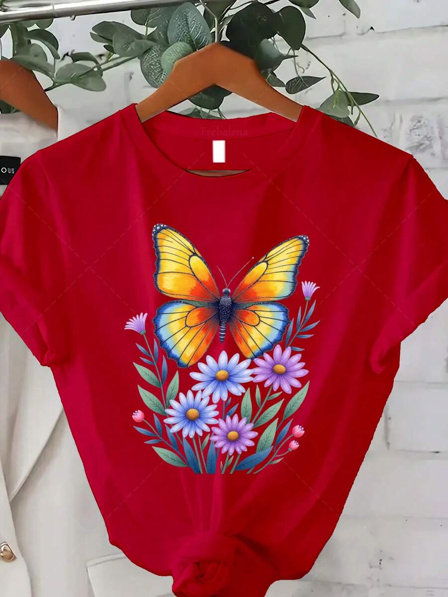 Women's Classic Plus-Size T-Shirt, Colorful Butterfly And Flower Print Tee, Casual Summer Top For Women, Nature-Inspired Design Print Tee, Short-Sleeved Crew Neck Top, Suitable For Summer/Autumn Wear, The Best Gift For Thanksgiving, Christmas, And New Year's. A Hit! - 紅色 - 查看 1