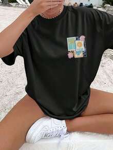 GiftCamiseta de verano casual para mujer con estampado de doble cara, estilo tropical con estampados de palmeras, conchas marinas y sol, manga corta, cuello redondo, extragrande y con hombros caídos, LanSoft - Negro - Ver 3