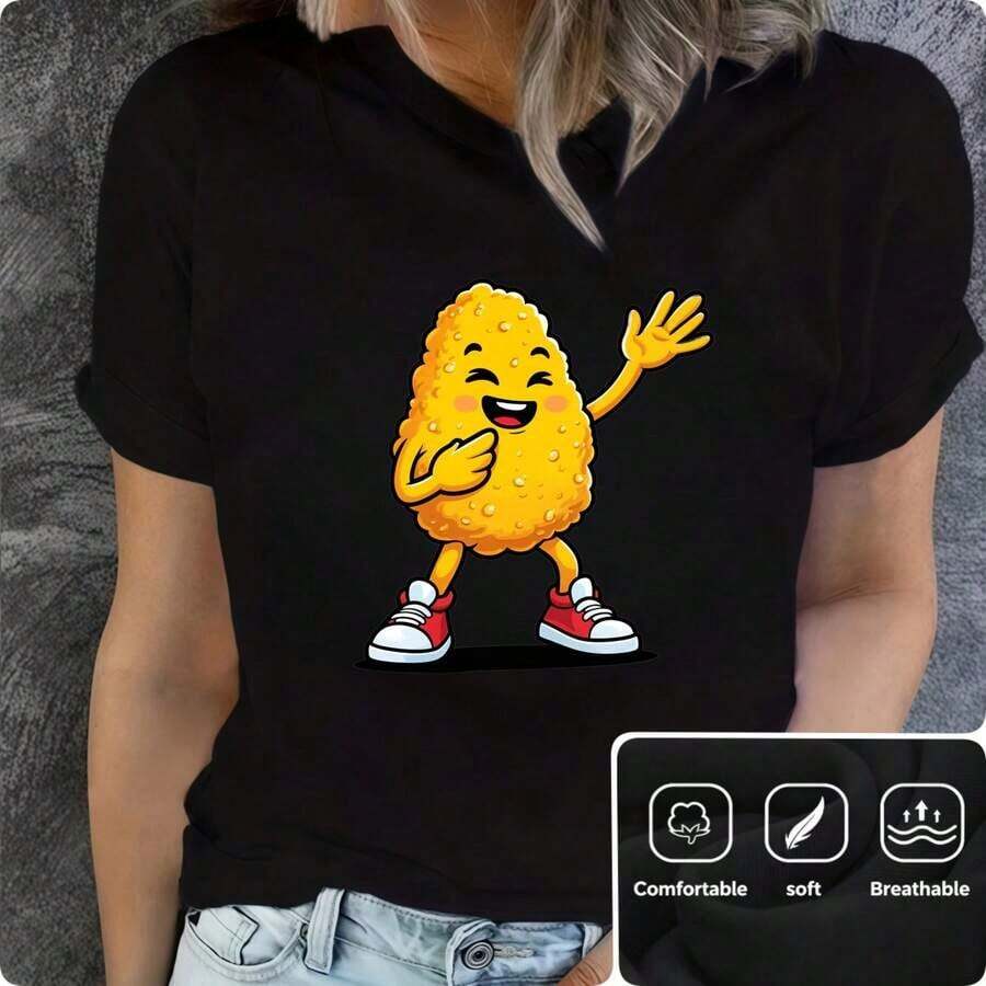 Camiseta blanca de verano para mujer con estampado de maíz divertido, uso diario casual. Camiseta de manga corta para mujer, estilo básico para uso interior y exterior. - Negro - Ver 1