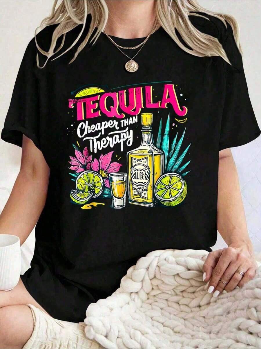 Altamente recomendado, camiseta divertida de algodón 100% con diseño retro de tequila, más barata que una terapia, fácil de combinar. - Negro - Ver 1