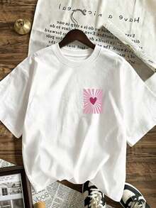 Camiseta de manga corta con cuello redondo y estampado de corazones y rayas.Camiseta de manga corta con cuello redondo, estilo casual y minimalista para mujer, con un diseño lindo, corte holgado, ideal para uso diario y vacaciones.Verano - Blanco - Ver 7