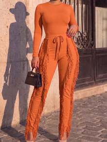 CALEBGAR Women's Sexy Two Piece Outfits Long Sleeve Fringe Pants Set Clubwear Going Out Birthday Party Night Outfits - 橘色 - 查看 3