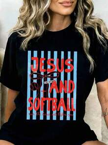 1 Piece Women's T-Shirt "Jesus And Softball Run The Bases Act Before You" Gift For Softball And Christian Faith Lovers Summer Casual Wear 180g 100% Cotton - 黑色 - 查看 1