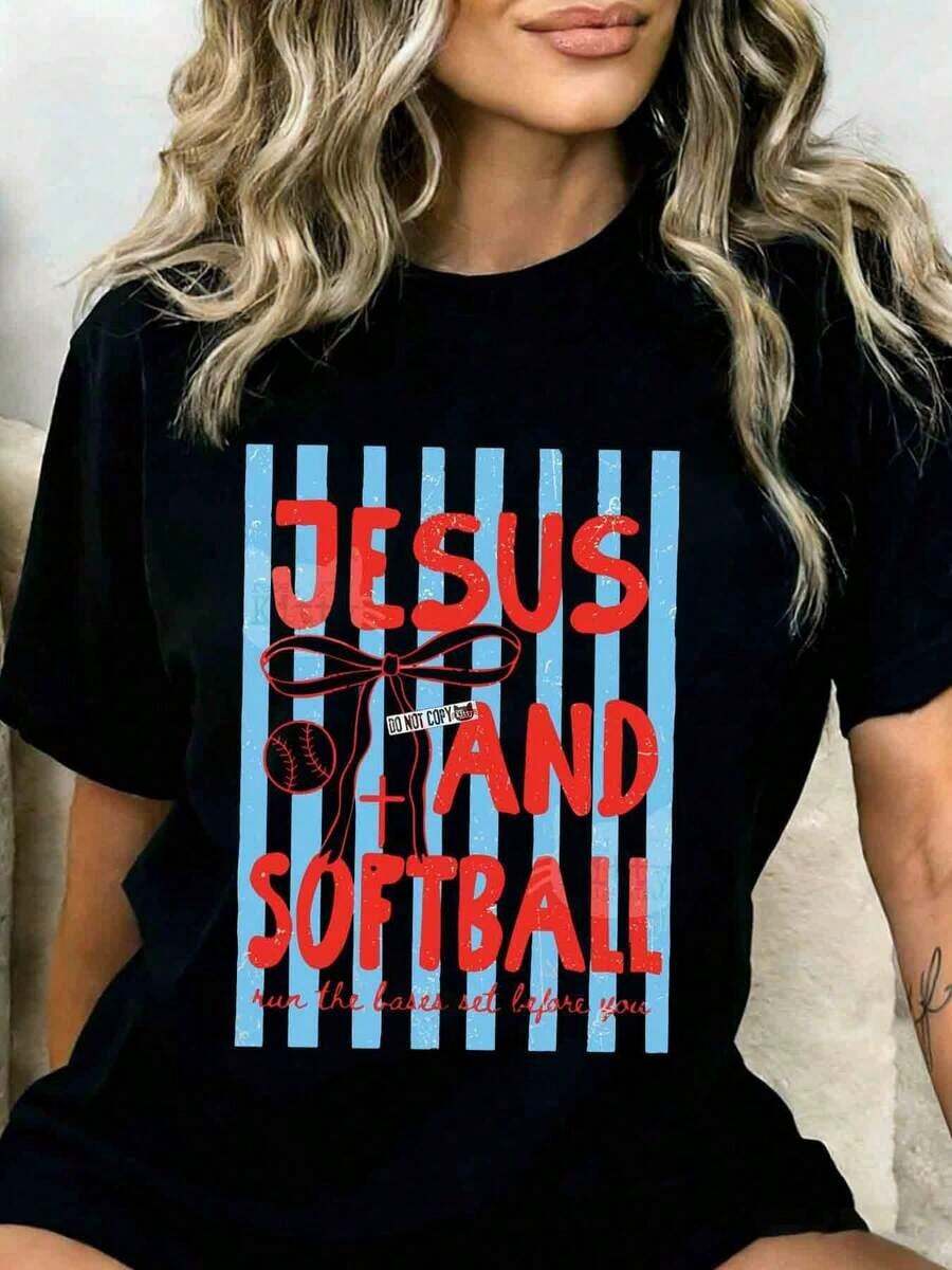1 Piece Women's T-Shirt "Jesus And Softball Run The Bases Act Before You" Gift For Softball And Christian Faith Lovers Summer Casual Wear 180g 100% Cotton - 黑色 - 查看 1