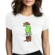 Tops para mujer Casual de Manga Corta para Mujer WXM% Algodón (con Estampado de Rana de Dibujos Animados con Sombrero y Botas de Vaquero) - con Estampado / Tops para Mujer - Blanca: Casual, Estilo Urbano y Lista para Fiestas - Adecuada para Uso Diario; Manga corta, cuello redondo, corte regular - El regalo perfecto para cumpleaños o días festivos - Blanco - Ver 1