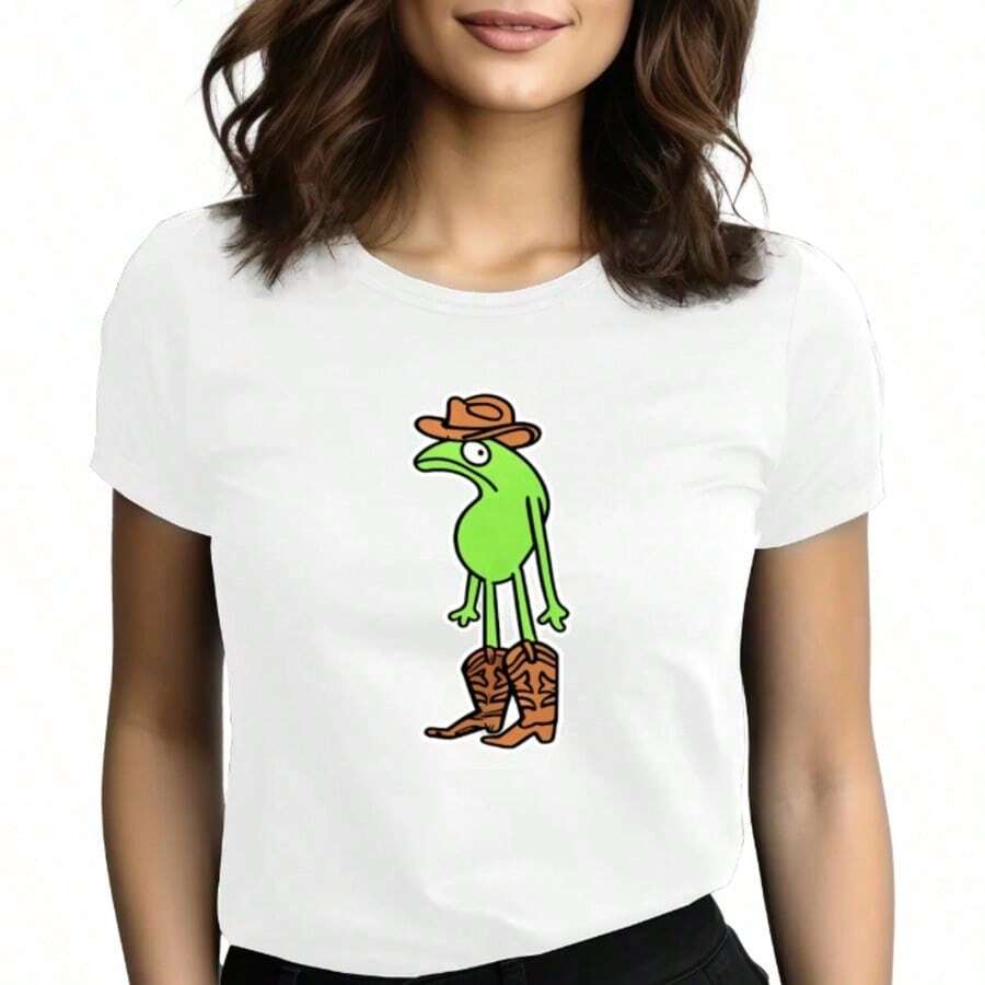 Tops para mujer Casual de Manga Corta para Mujer WXM% Algodón (con Estampado de Rana de Dibujos Animados con Sombrero y Botas de Vaquero) - con Estampado / Tops para Mujer - Blanca: Casual, Estilo Urbano y Lista para Fiestas - Adecuada para Uso Diario; Manga corta, cuello redondo, corte regular - El regalo perfecto para cumpleaños o días festivos - Blanco - Ver 1