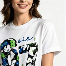 Tops para mujerEsta Chaqueta holgada con estampado para adolescentes presenta un diseño de controlador de videojuegos, el número 67 y un eslogan. una Chaqueta informal de manga corta adecuada para fiestas de juegos, reuniones de fin de semana, ropa urbana y uso casual diario. - Blanco - Ver 7