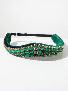 1pc New European And American Vintage Baroque Style Gemstone Crown Wide Elastic Band Headband High Quality Luxurious Elegant Versatile Ball Banquet Party Women Hair Accessory - Green - View 1