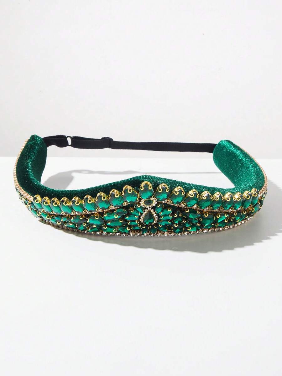 1pc New European And American Vintage Baroque Style Gemstone Crown Wide Elastic Band Headband High Quality Luxurious Elegant Versatile Ball Banquet Party Women Hair Accessory - Green - View 1