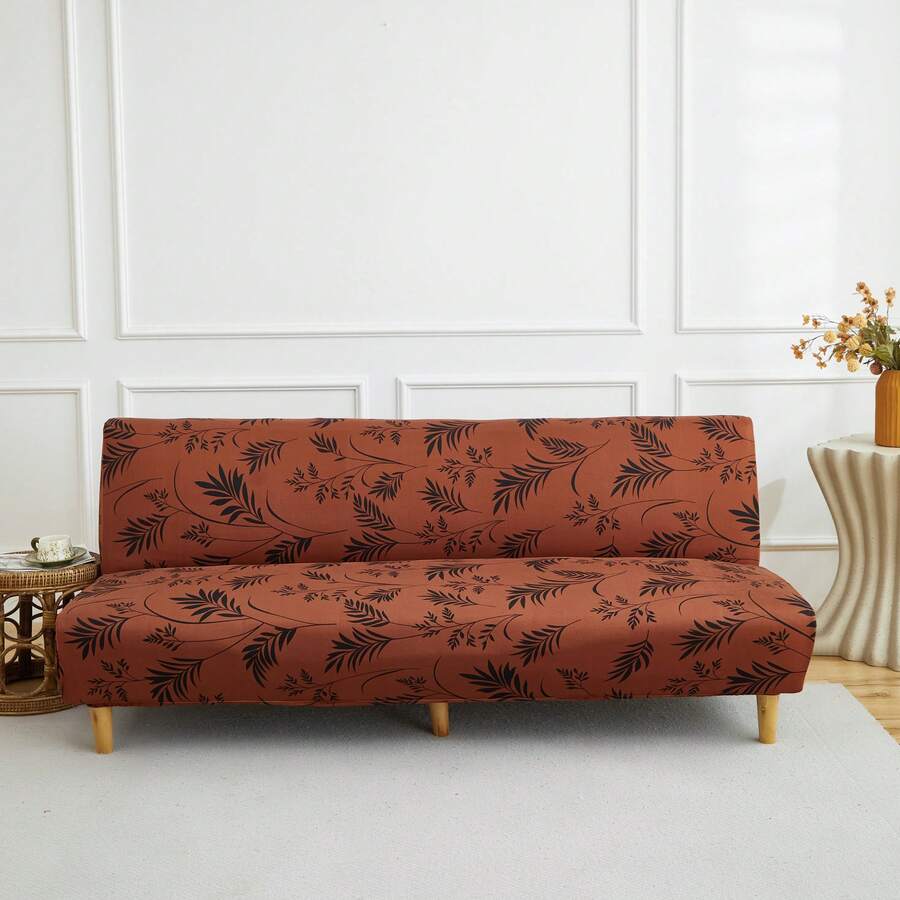 1pc Sofa Bed Cover, Milk Silk Printed High Elasticity, Easy Installation, Multiple Sizes, Botanical Leaf Pattern Print - Burnt Orange - View 1