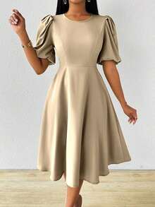 Vestido verde de manga abullonada larga, cuello en V, cintura recogida y bajo acampanado, para primavera y verano - Albaricoque - Ver 5