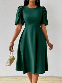 Vestido verde de manga abullonada larga, cuello en V, cintura recogida y bajo acampanado, para primavera y verano - Verde Oscuro - Ver 4