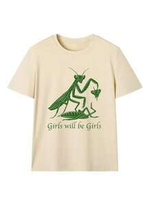 Nueva llegada de verano 2026, 1 pieza, camiseta ligera, delgada, cómoda, de tacto suave, para uso diario, corte regular, estilo streetwear estético, estilo Pinterest, estampado gráfico divertido de Mantis Religiosa y "Las chicas serán chicas", top de verano color crema con un toque de humor. Casual, 100% algodón, talla grande, adecuado para uso diario en la calle y salidas. - Albaricoque - Ver 3