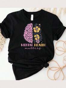 Playera minimalista moderna 100% algodón Mental Health Matters, Camiseta de Salud Mental, Sudadera de Psicólogo Escolar, Sudadera con Capucha Inspiradora, Concientización sobre Salud Mental, Camiseta con Diseño de Cerebro, Camisetas de Verano para Mujer, Camisetas Gráficas Estampadas de Gran Tamaño 100% Algodón para Mujer, Camiseta Casual de Cuello Redondo y Manga Corta, 1 pieza, Camiseta de Moda, Regalo de Halloween, Regalo de Navidad - Negro 006 - Ver 1