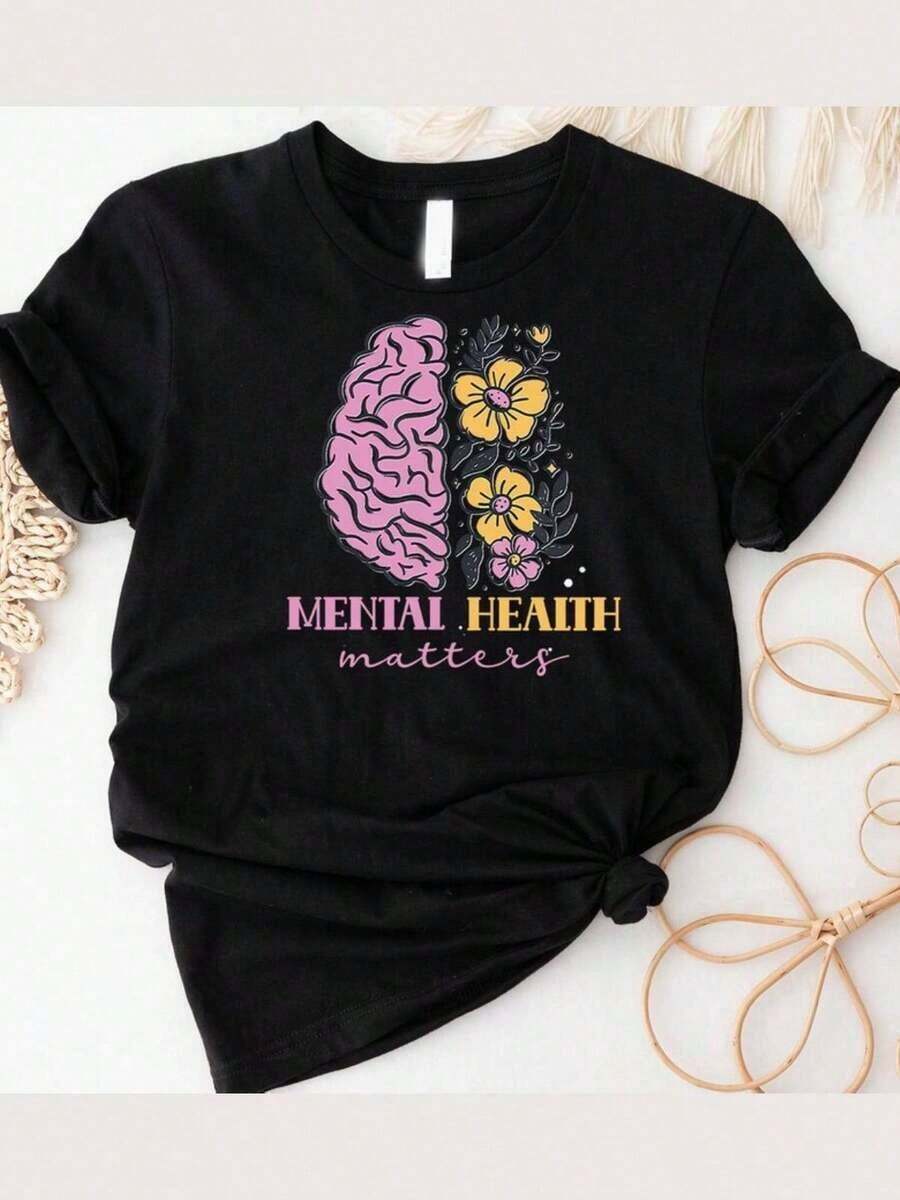 Playera minimalista moderna 100% algodón Mental Health Matters, Camiseta de Salud Mental, Sudadera de Psicólogo Escolar, Sudadera con Capucha Inspiradora, Concientización sobre Salud Mental, Camiseta con Diseño de Cerebro, Camisetas de Verano para Mujer, Camisetas Gráficas Estampadas de Gran Tamaño 100% Algodón para Mujer, Camiseta Casual de Cuello Redondo y Manga Corta, 1 pieza, Camiseta de Moda, Regalo de Halloween, Regalo de Navidad - Negro 006 - Ver 1