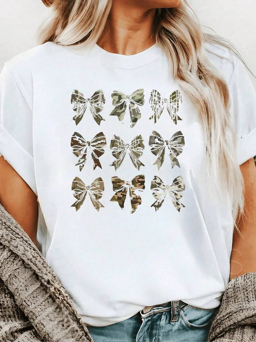 Camiseta con estampado de lazo de camuflaje para mujer, camiseta casual de cuello redondo de 220g de algodón puro pesado para mujer (1 pieza). Camiseta holgada, casual y versátil estilo Y2k. - Blanco - Ver 1