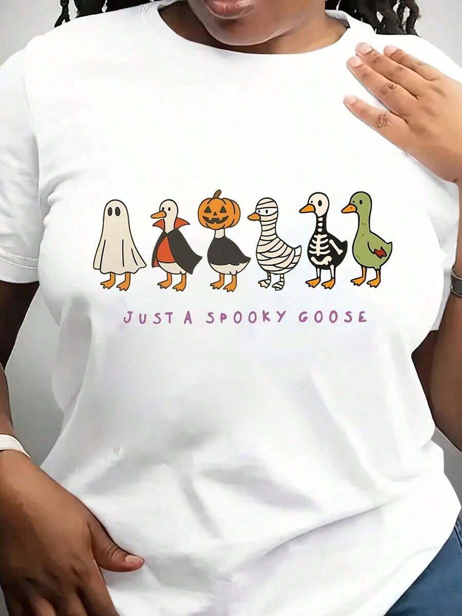 Camiseta Divertida de Ganso para Halloween, Camiseta de Ganso Espeluznante, Camiseta de Halloween, Camiseta de Ganso Esqueleto, Camiseta de Temporada Espeluznante, Camiseta Espeluznante, Camiseta holgada, casual y versátil, Camiseta Y2k, Camisa - Blanco - Ver 1