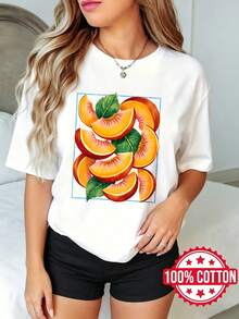 Camiseta de manga corta con cuello redondo y estampado para dama, verano casual Rodas de Durazno con Patrón de Hojas S-3XL 100% aodón material - Blanco - Ver 2