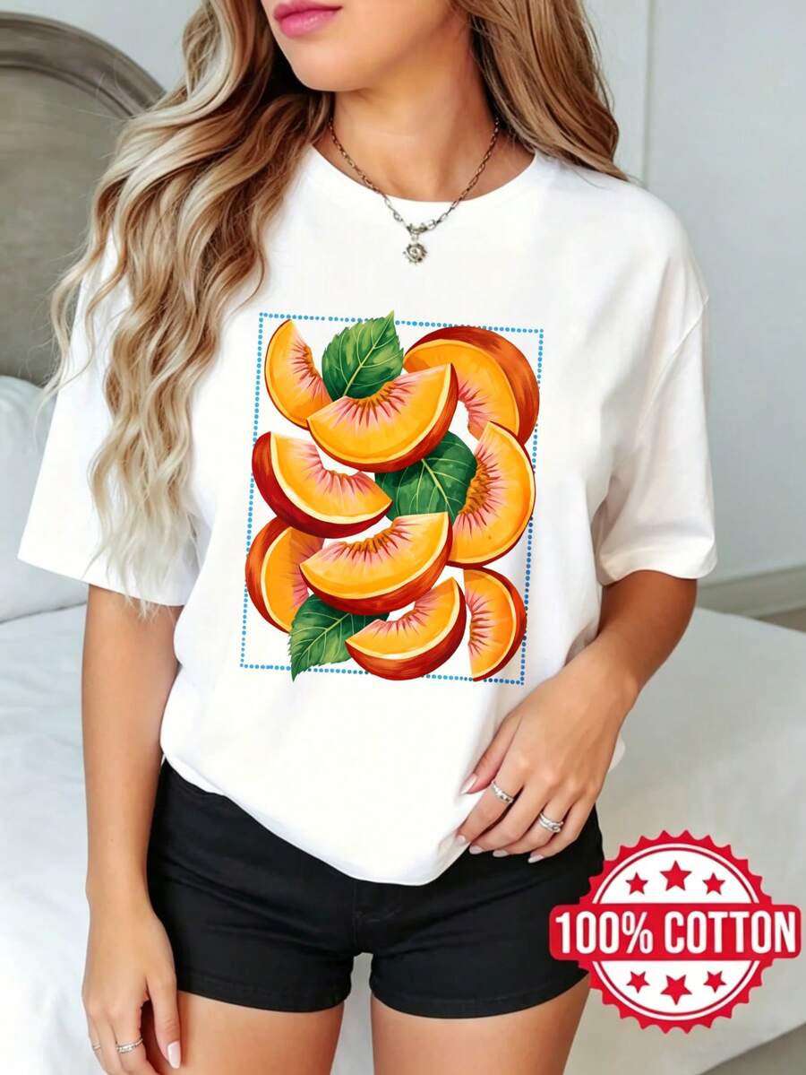 Camiseta de manga corta con cuello redondo y estampado para dama, verano casual Rodas de Durazno con Patrón de Hojas S-3XL 100% aodón material