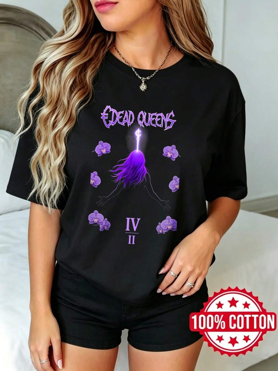 Women's Black Short-Sleeved T-Shirt With Round Neck And Print, Summer, Casual Style Dead Queens Flowers Mors Hair Roman Numerals S-3XL Fashion - 黑色 - 查看 1