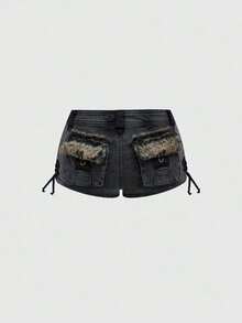 ROMWE Grunge Punk Shorts vaqueros de tiro súper bajo con parches, estilo Harajuku Gyaru Gal Y2K, de cintura súper baja y peludo - Gris Oscuro - Ver 5