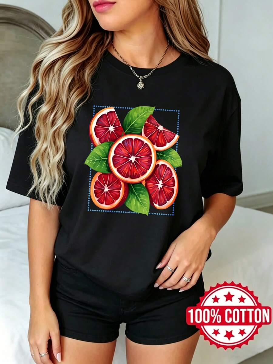 Women's Black Short-Sleeved T-Shirt With Round Neck And Print, Summer, Casual, Blood Orange And Leaves, Sizes S-3XL, Fashion, 100% Cotton Material - 黑色 - 查看 1