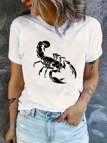 Women's Casual Sports T-Shirt, Round Neck, Short Sleeve, Cartoon Scorpion Print, Comfortable Summer Vacation Top - Unisex Vintage Style Loose Fit Cotton T-Shirt - 白色 - 查看 6