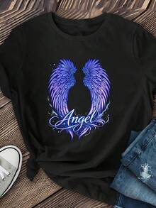 ClassicAngel Dreamy Space Style Angel Wing Print Short Sleeve T-Shirt For Women, Spring/Summer Crew Neck Regular Length, Suitable For Autumn/Winter Essential Layering, Best-Selling Item. - Black - View 1