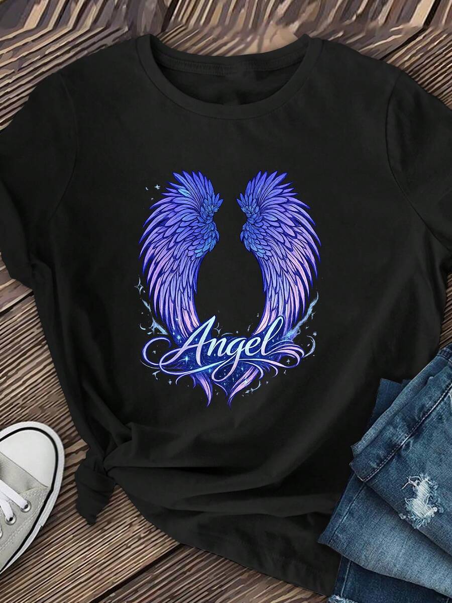 ClassicAngel Dreamy Space Style Angel Wing Print Short Sleeve T-Shirt For Women, Spring/Summer Crew Neck Regular Length, Suitable For Autumn/Winter Essential Layering, Best-Selling Item. - Black - View 1