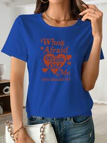 Camiseta clásica de manga corta con estampado "¿Quién me teme?", cuello redondo, ropa de mujer, manga corta casual, ropa de verano para mujer, esencial para otoño e invierno, ropa de oficina, ropa de viaje, éxito de . - Azul - Ver 3