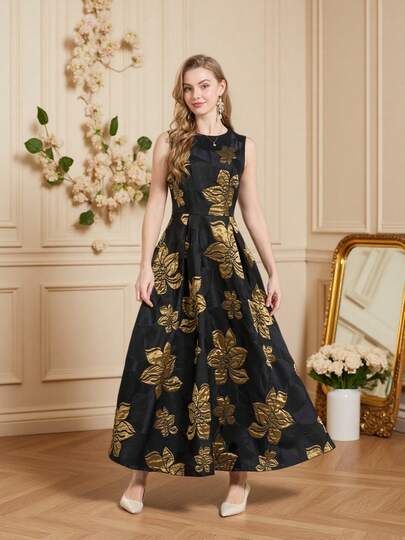 DEVCHATA Luxury Jacquard Sleeveless Maxi Dress, Elegant Party Gown For Women, Summer Vacation Wedding